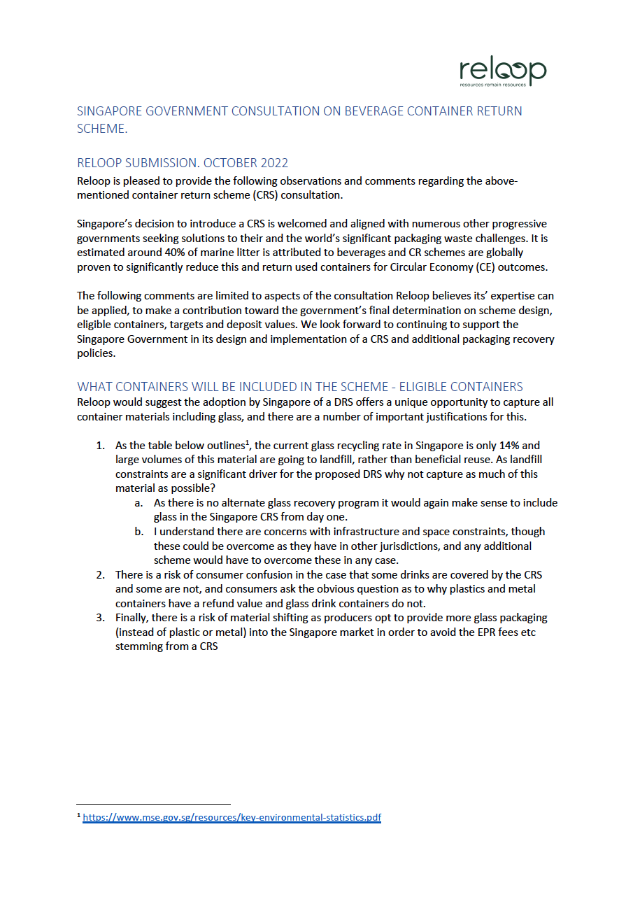Submission to Singapore Government Consultation on Beverage Container Return Scheme Reloop